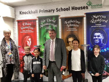 MP at Knockhall Primary School with headteacher and four pupils
